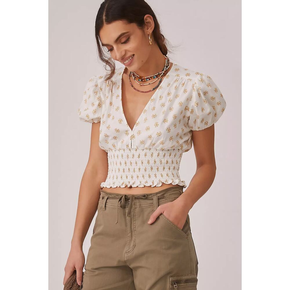 FAITHFULL THE BRAND Alba Top V-Neck Smocked Blouse Cairo Floral 8 Large L